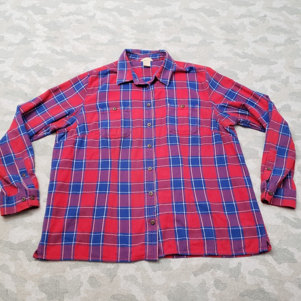Duluth Trading Co Top Womens XL Red Flannel Pockets Long Sleeve Button-Up Check